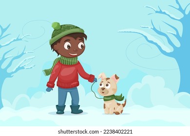 A black boy walks with his dog in the winter in the park. Cute flat illustration. Dog walking month. website, banner template