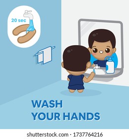 Black Boy Washing Hands With Soap Under Running Water. Prevention Against Virus And Infection. Chibi Character Vector Illustration.