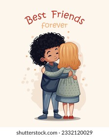 Black boy and white girl hugging. Best friends forever. International Friendship Day card. Vector illustration