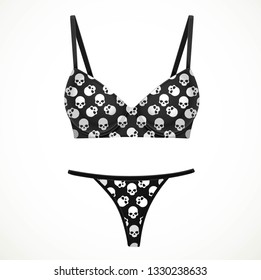 Black bra and bikini panties objects in a pattern of white skulls isolated on white background