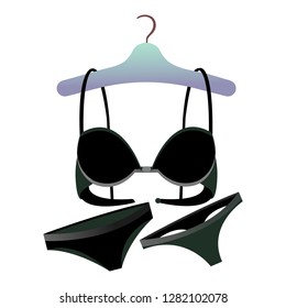 Black bra. Black panties of two types. Thongs Black underwear. Day of Love. Vector illustration