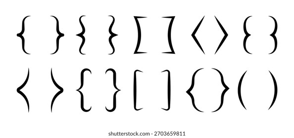 Colchete preto definido. Diferentes Colchetes de texto, chaves, aspas, caixa de texto ícones definidos. Decorações de pontuação ondulada, kit de vetor de parênteses decente.