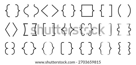 Black bracket set. Vintage speech brackets, line text braces calligraphy symbols. Collection of different text brackets, braces, quote, text box icons.