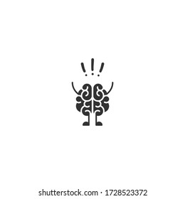 Carácter cerebral negro con manos, piernas y signos de exclamación. Intelecto, fisicología, conocimiento simple pictograma aislado en blanco. ilustración vectorial plana.  