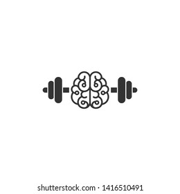 Black brain with dumbbells  icon. Intellect, phsychology, knowledge simple pictogram isolated on white. flat vector illustration. Creative  brain train logo