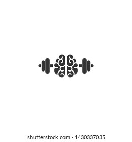 Black brain with dumbbells  icon. Intellect, phsychology, knowledge simple pictogram isolated on white. flat vector illustration. Creative  brain train logo