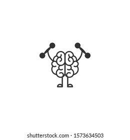 Black brain with dumbbells  icon. Intellect, phsychology, knowledge simple pictogram isolated on white. flat vector illustration. Creative  brain train logo