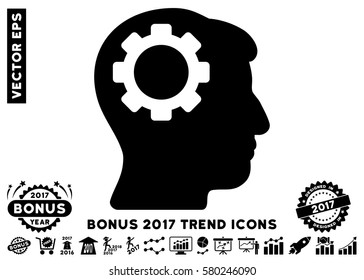 Black Brain Gear pictograph with bonus 2017 trend pictograms. Vector illustration style is flat iconic symbols, white background.