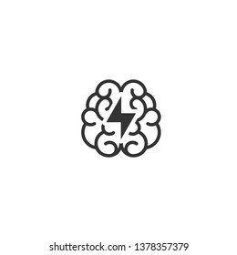 Black brain with lightning bolt icon. Intellect, phsychology, knowledge simple pictogram isolated on white. flat vector illustration. Creative or smart. Energy and new ideas.