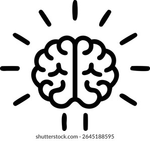 A black brain silhouette vector illustration is centrally positioned against a white background surrounded by radiating black lines suggesting a glow or energy.