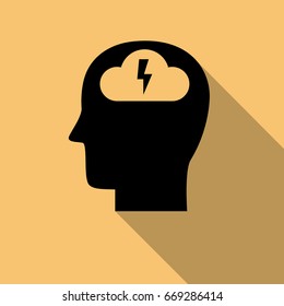 Black Brainstorming head icon with long shadow. Creative logo design. Modern vector pictogram concept for web design