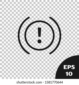 Black Brake system warning icon isolated on transparent background. Exclamation mark in the car. Dashboard attention sign.  Vector Illustration