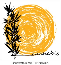 A Black Branch Of Cannabis Sativa (Cannabis Indica, Marijuana) Medicinal Plant With Leaves. Vector Illustration On Isolated  Yellow Background.