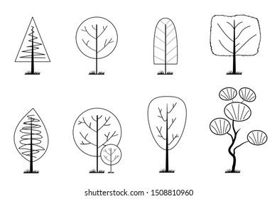 Black Branch Tree LOGO style or Naked trees silhouettes set. Hand drawn isolated illustrations and Simple lines.