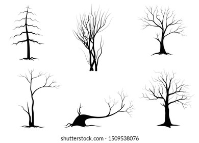 Black Branch Tree or Naked trees silhouettes set. Hand drawn isolated illustrations