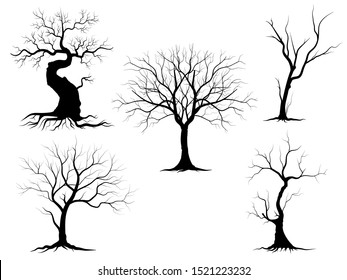 Black Branch Tree or Naked trees silhouettes set. Hand drawn isolated illustrations