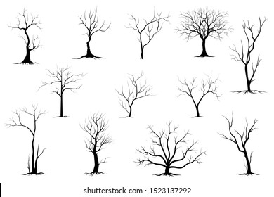 Black Branch Tree or Naked trees silhouettes set. Hand drawn isolated illustrations
