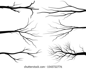 Black Branch Tree or Naked trees silhouettes set. Hand drawn isolated illustrations.