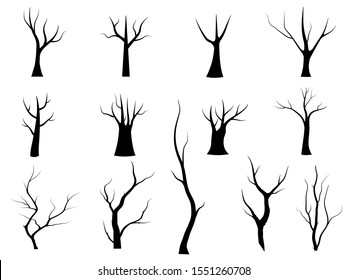 Black Branch Tree or Naked trees silhouettes set. Hand drawn isolated illustrations.