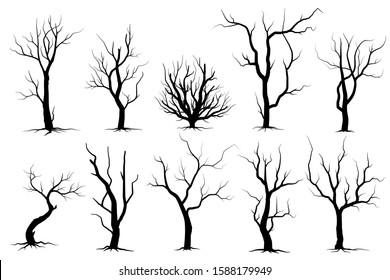 Black Branch Tree or Naked trees silhouettes set. Hand drawn isolated illustrations.