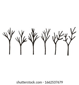 Black branch tree or naked trees silhouettes set. Hand drawn isolated illustration. Laser cutting template. 