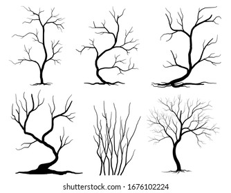 Siluetas de árbol de ramas negras o árboles nudos. Imágenes aisladas dibujadas a mano.