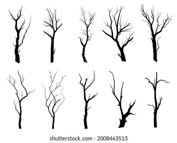 Black Branch Tree or Naked trees silhouettes set. Hand drawn isolated illustrations.