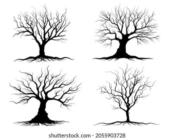 Arbol de ramas negras o siluetas de árboles desnudos. Ilustraciones aisladas dibujadas a mano.