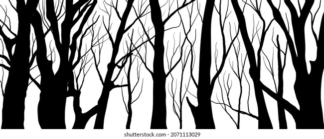 Black Branch Tree or Naked trees silhouettes set. Hand drawn isolated illustrations.