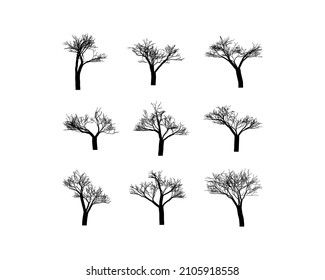 Black Branch Tree or Naked trees silhouettes set. Hand drawn isolated illustrations