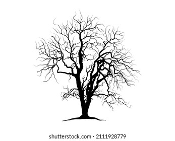 Black Branch Tree or Naked trees silhouettes on white background. Hand drawn isolated illustrations.
