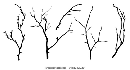 Black Branch Tree or Naked trees silhouettes set. Hand drawn isolated illustrations.