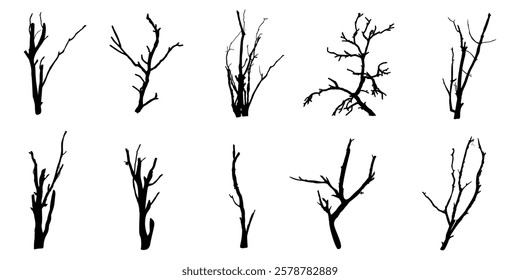 Black Branch Tree or Naked trees silhouette s set. Hand drawn isolated illustrations.