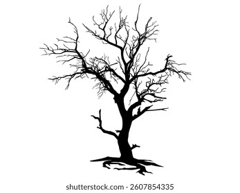Black Branch Tree or Naked trees and roots silhouettes. Hand drawn isolated illustrations.