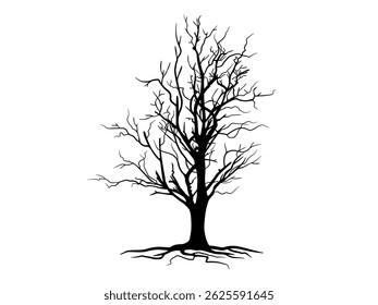Black Branch Tree or Naked trees and roots silhouettes. Hand drawn isolated illustrations