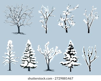 Black Branch Tree or Naked trees silhouettes set. Hand drawn isolated illustrations trees for winter season.