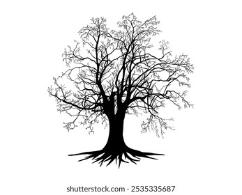Árbol de rama negra con siluetas de raíces o árboles desnudos. Dibujado a mano ilustraciones aisladas.