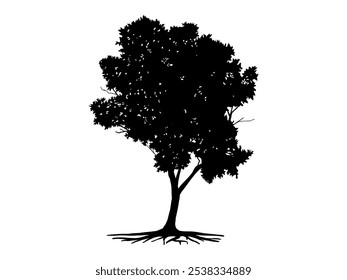 Schwarzer Zweig Baum und Wurzel oder nackte Bäume Silhouetten. Handgezeichnete, einzelne Illustrationen. Baum und Wurzeln LOGO-Stil.