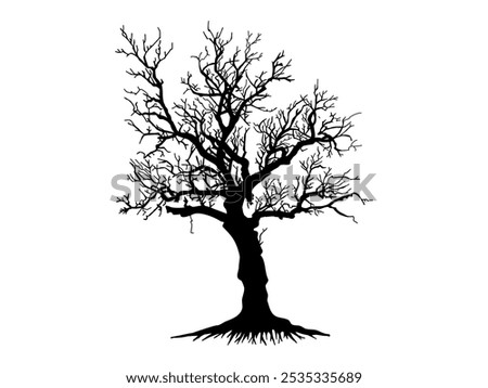 Black Branch Tree with root or Naked trees silhouettes. Hand drawn isolated illustrations.