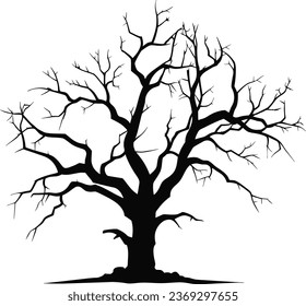 Black branch tree silhouette isolated set on white background, Hand drawn vector.