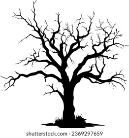 Black branch tree silhouette isolated set on white background, Hand drawn vector.