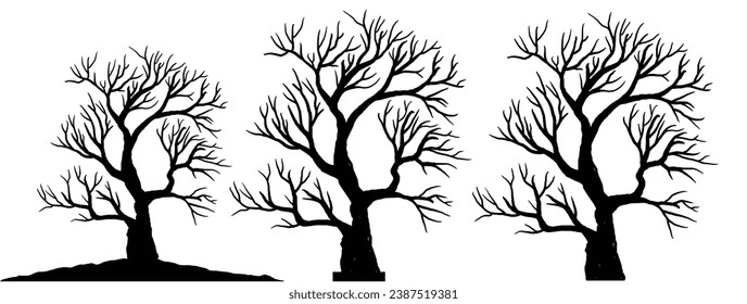 Black Branch Tree vector. silhouette of a bare tree. silhouette of dead tree vector illustration. silhouette of trees and branches without leaves. Bare Tree silhouette.