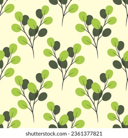 Black branches with green leafs on ivory background. Floral seamless pattern. Best for textile, wallpapers, wrapping paper, package and home decoration.