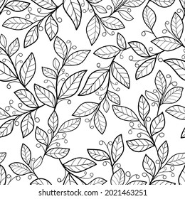 Black branches with leaves and berries on a white background. Seamless floral doodle pattern. Suitable for textile, wallpaper, coloring book.