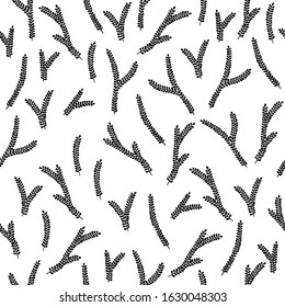 Black branches with leaves isolated on white seamless pattern