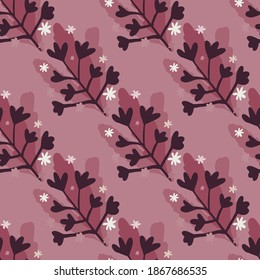 Black branches shape seamless pattern. Dark lilac background. Little white daisy flowers. Great for wrapping paper, textile, fabric print and wallpaper. Vector illustration.
