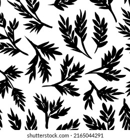 Black branches with small leaves vector seamless pattern. Botanical seamless background with tropical fern leaves. Tropical plant ornament. Various black silhouettes branches. Hand drawn floral motif