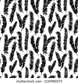 Black branches with small leaves vector seamless pattern. Spruce branches silhouettes. Botanical seamless background with tropical fern leaves. Various black silhouettes. Hand drawn botanical motif