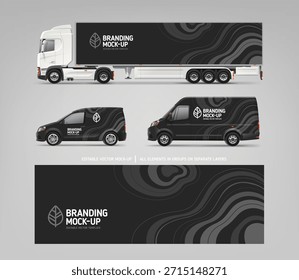 Diseño de envoltura de marca negra en la vista lateral de la camioneta, maqueta de camión. Gráficos de marca de diseño abstracto de calcomanía de ondas negras para el transporte. Vehículo de marca. Horizontal Anuncio AD. Plantilla de volante de Vector editable