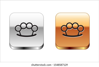 Black Brass knuckles icon isolated on white background. Silver-gold square button. Vector Illustration